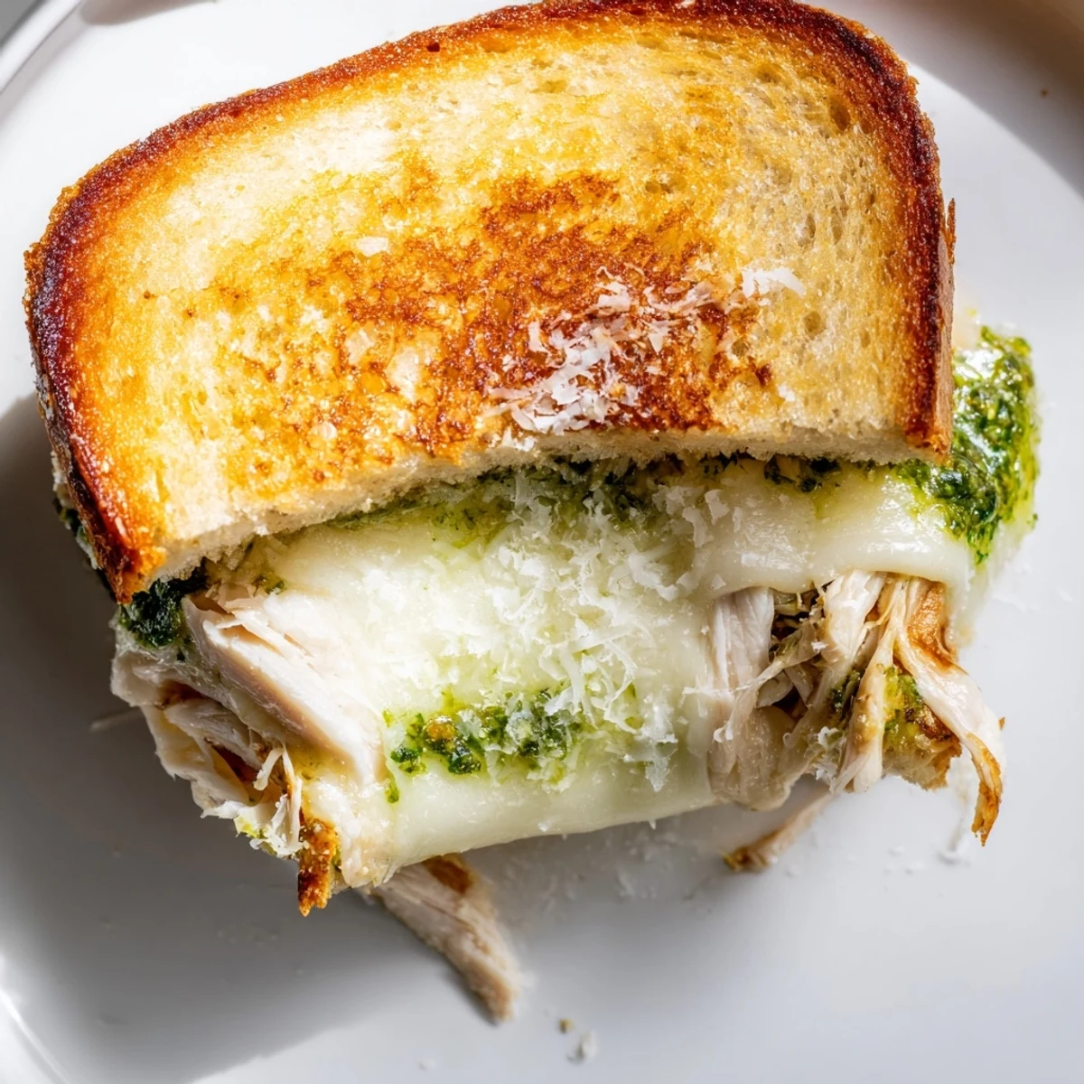 Golden, melted mozzarella oozes from a grilled cheese sandwich stuffed with shredded chicken and vibrant green pesto on toasted sourdough bread.
