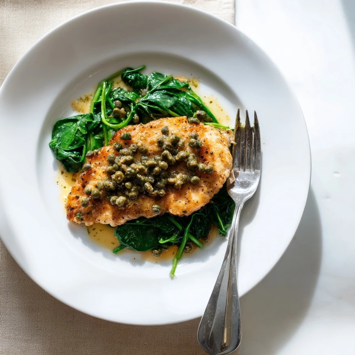 Golden-brown chicken cutlets bathed in a silky lemon butter sauce, served atop a bed of vibrant wilted spinach leaves.  