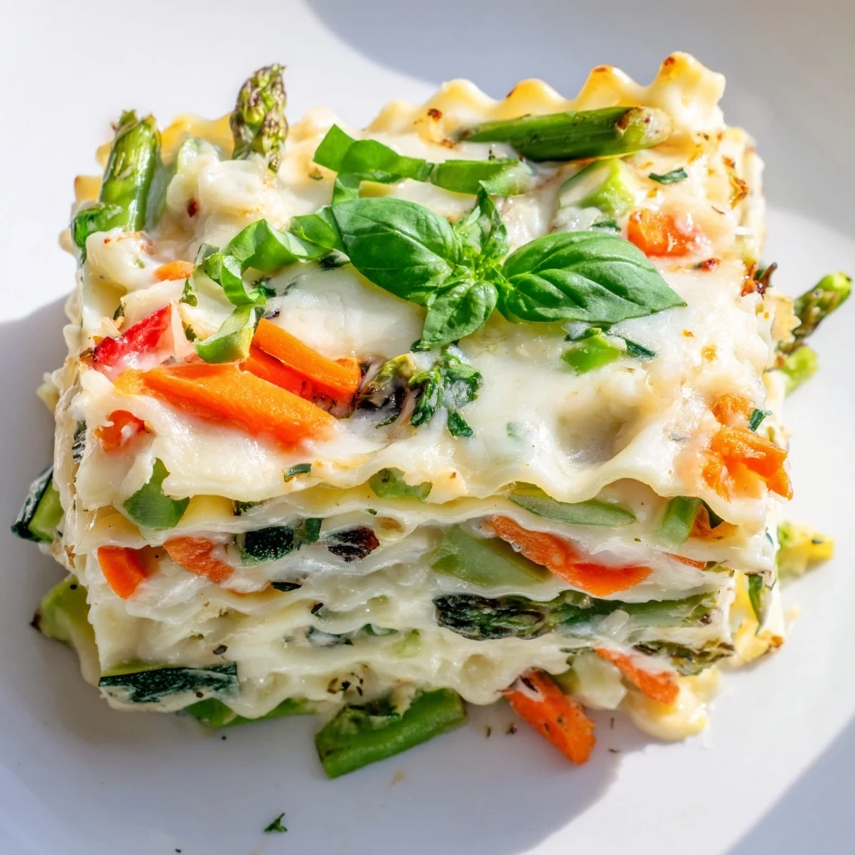 Spring Veggie Alfredo Lasagna served on a white plate, highlighting vibrant colorful vegetables inside creamy Italian-American pasta layers.