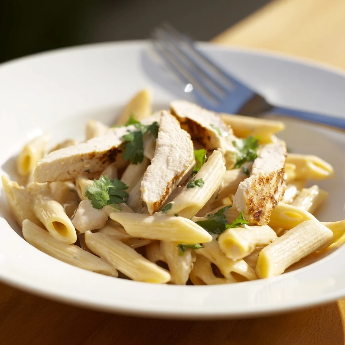 A generous serving of honey chipotle chicken pasta with penne in a velvety sauce, garnished with fresh herbs and grated cheese.
