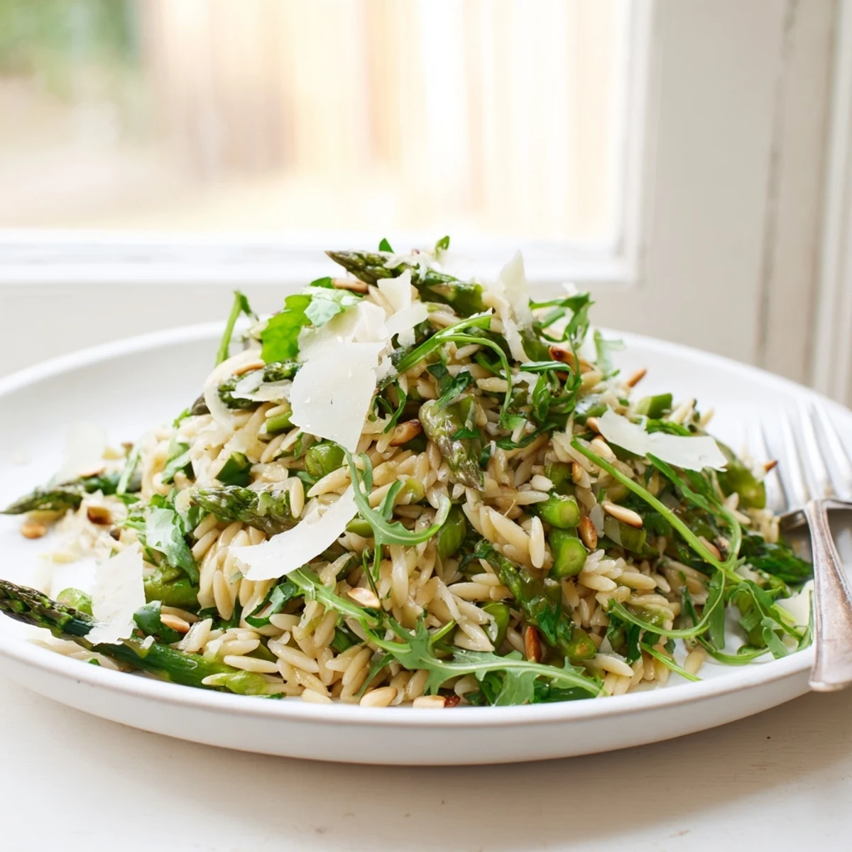 Shaved asparagus ribbons and tender orzo pasta are tossed in a bright lemon vinaigrette, with toasted pine nuts and grated Parmesan in this vibrant Asparagus Lemon Orzo Salad.