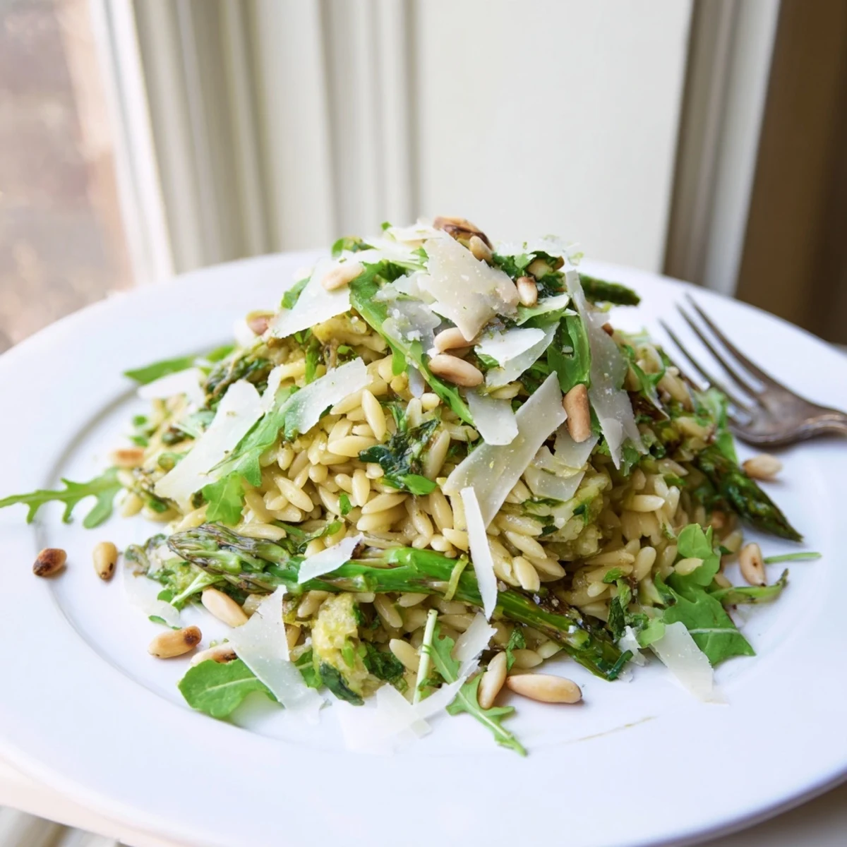 A close-up of chilled Asparagus Lemon Orzo Salad shows glossy olive oil dressing clinging to shaved asparagus and orzo, with fresh parsley and basil for a spring-ready side dish.