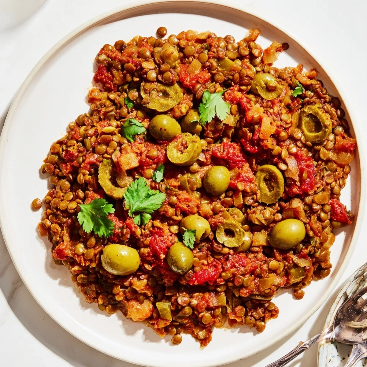 A close-up of Cuban-inspired lentil picadillo, a hearty mix of brown lentils, chopped carrots, green olives, and golden raisins in a rich tomato sauce.