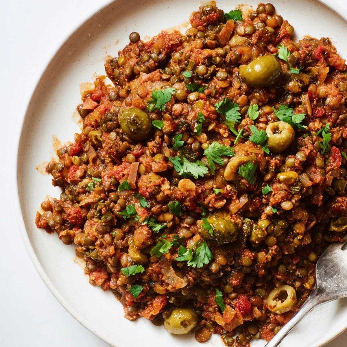 Hearty, vegan Cuban-inspired lentil picadillo, featuring tender lentils, briny olives, and sweet raisins, served on a plate with fluffy rice and a lemon wedge.