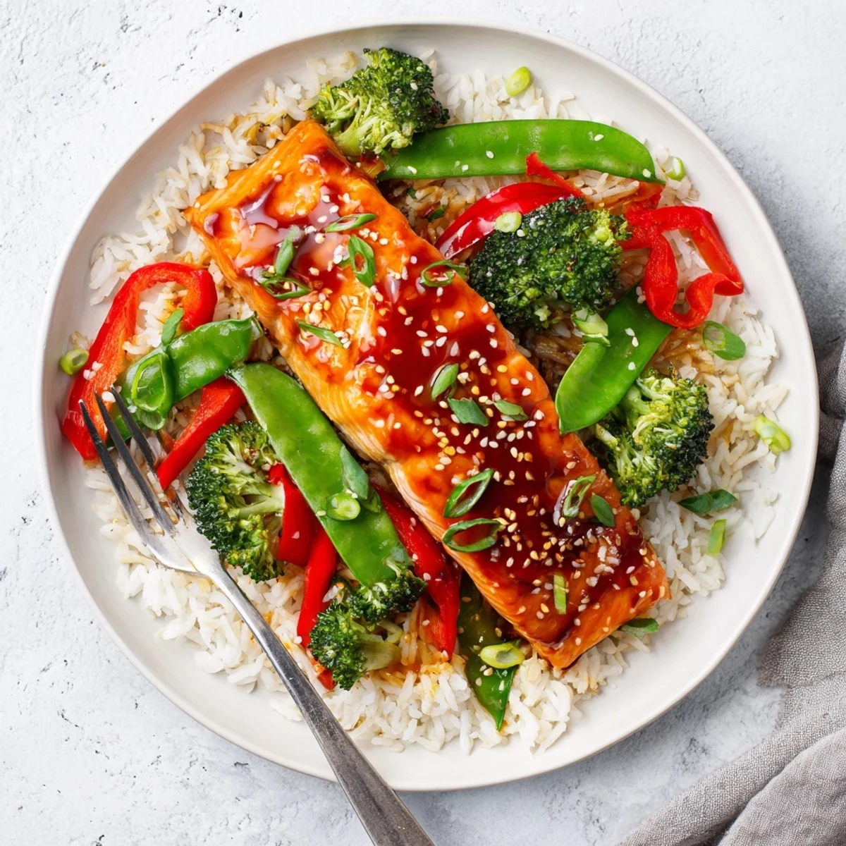 Flaky Maple Soy Glazed Salmon rests on a bed of fluffy rice with crisp-tender broccoli, snap peas, and red bell peppers.  