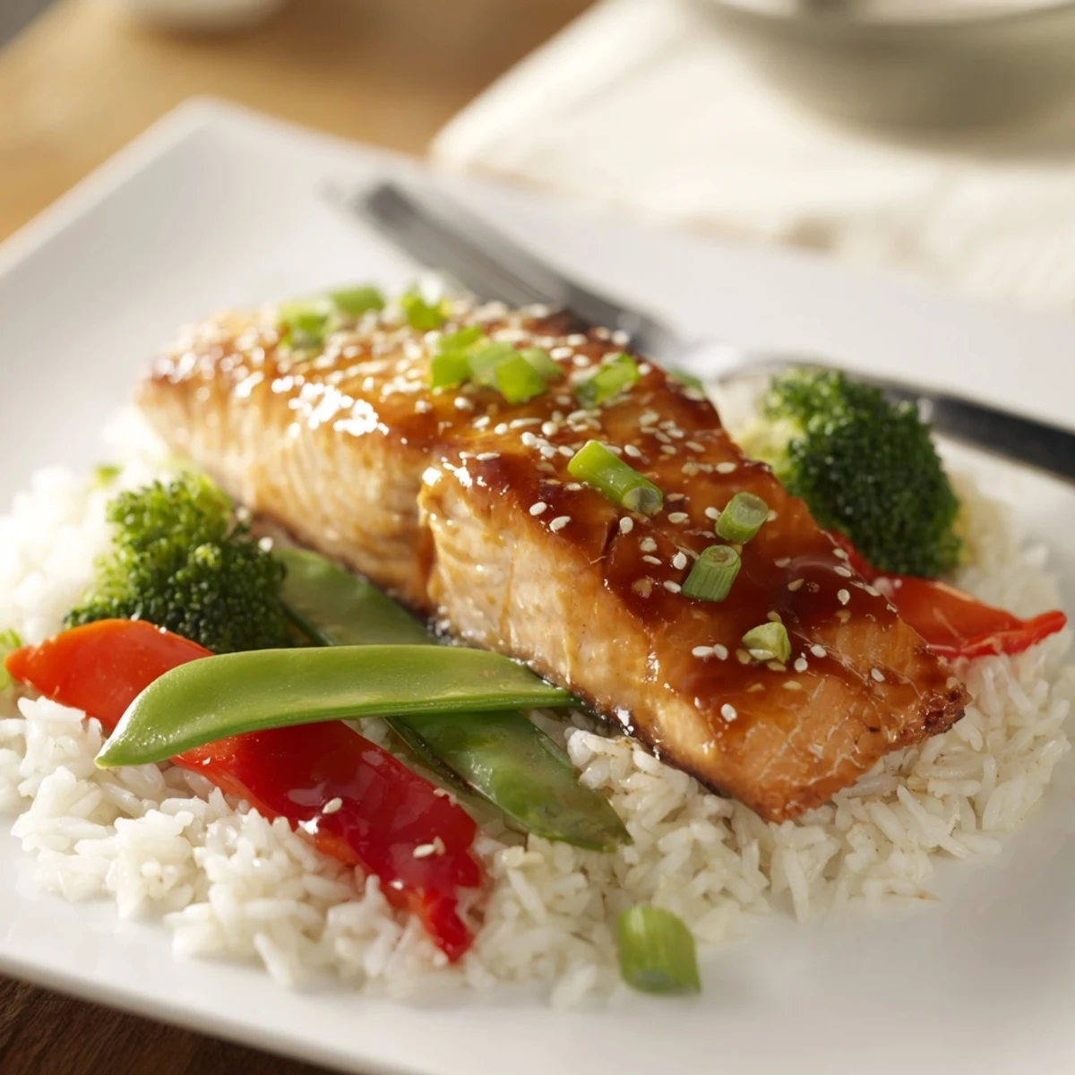 Close-up of Maple Soy Glazed Salmon showcasing a glossy, caramelized glaze over the fish, garnished with green onions and sesame seeds.  