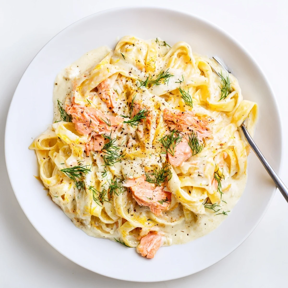 Creamy salmon pasta with tender flakes of hot-smoked salmon in a silky lemon dill sauce tossed with fettuccine.