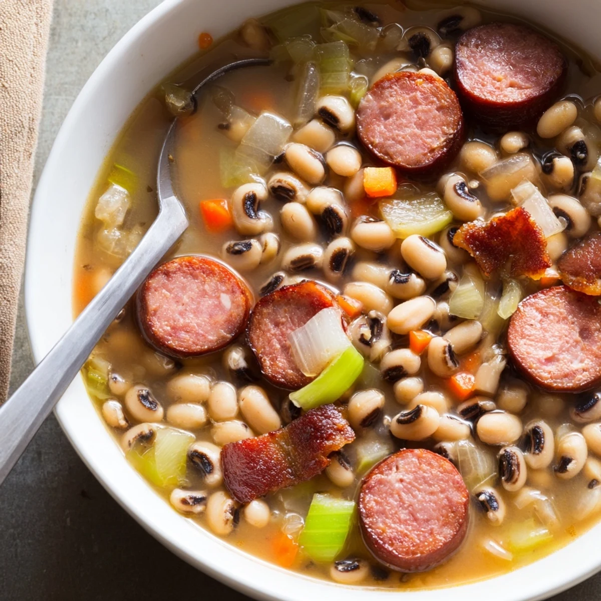 A close-up of Southern-Style Black-Eyed Peas simmering in a Dutch oven with smoked sausage and diced bacon.