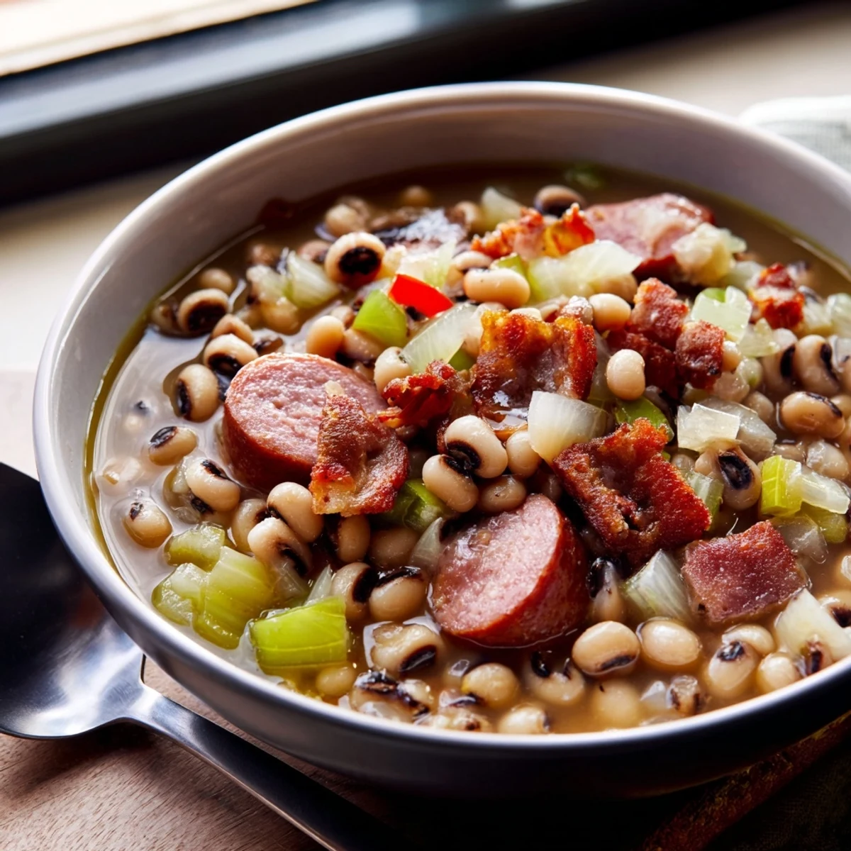 Stovetop Southern-Style Black-Eyed Peas in a creamy broth, featuring tender peas, smoky sausage, and aromatic vegetables.