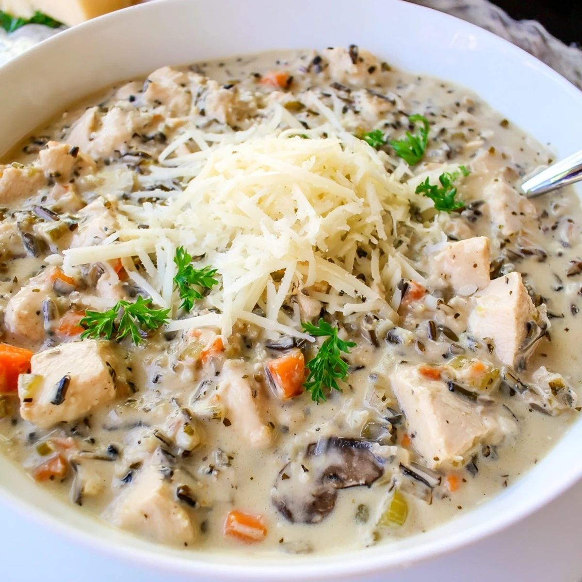 Creamy Parmesan Mushroom Chicken and Wild Rice Soup steaming in a rustic bowl, garnished with parsley.