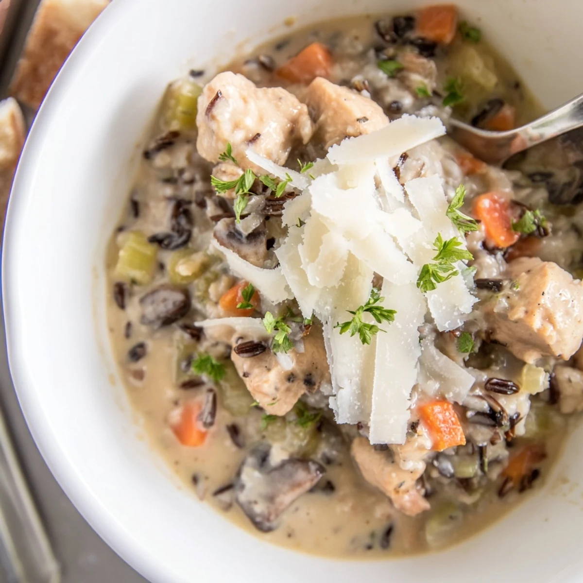 Hearty bowl of Parmesan Mushroom Chicken and Wild Rice Soup with tender chicken, mushrooms, and wild rice.