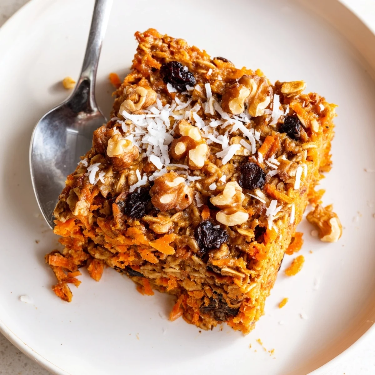Golden baked carrot cake oatmeal squares topped with walnuts and raisins, served on a white plate with a drizzle of maple syrup for a cozy breakfast.