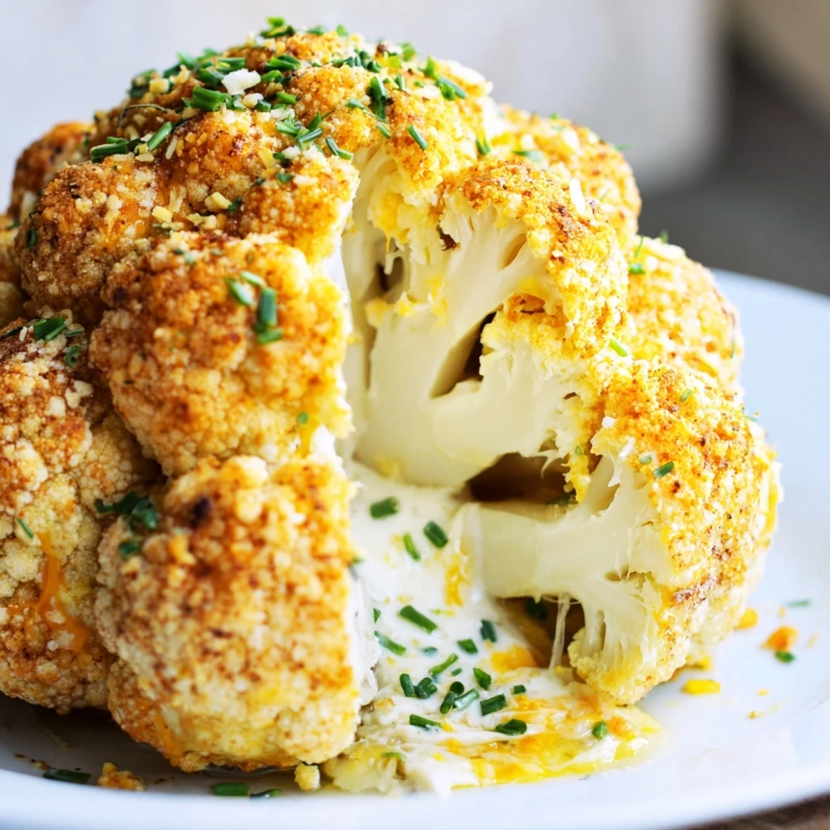 A whole roasted Cheesy Stuffed Cauliflower Head, golden brown with bubbling cheese filling peeking from the florets, served on a rustic platter.