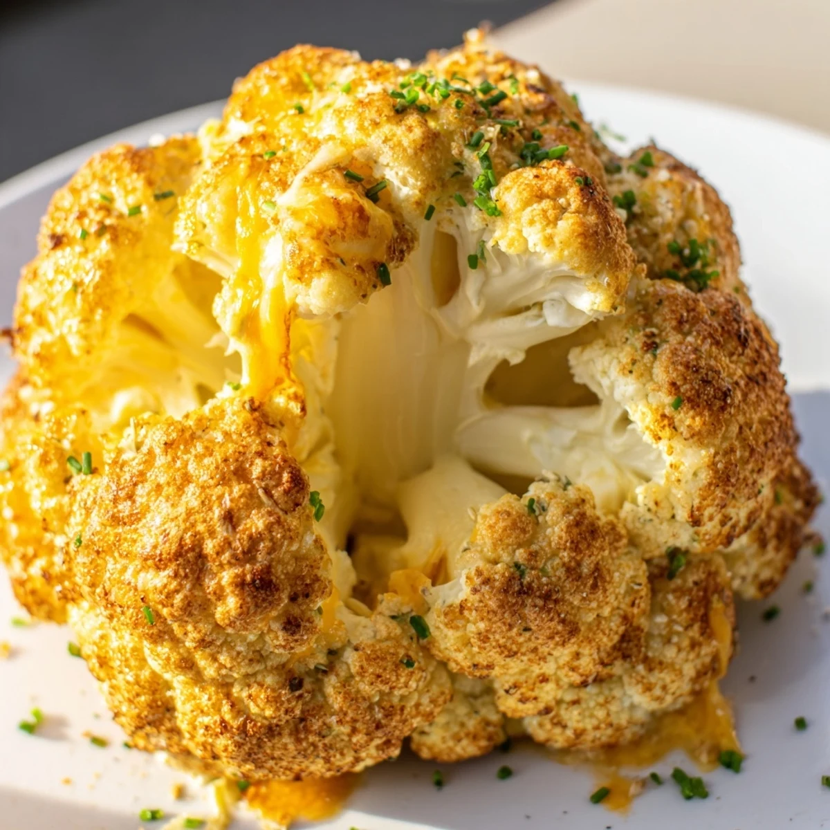 Sliced wedge of Cheesy Stuffed Cauliflower Head reveals creamy, melty center, garnished with fresh chives on a wooden serving board.