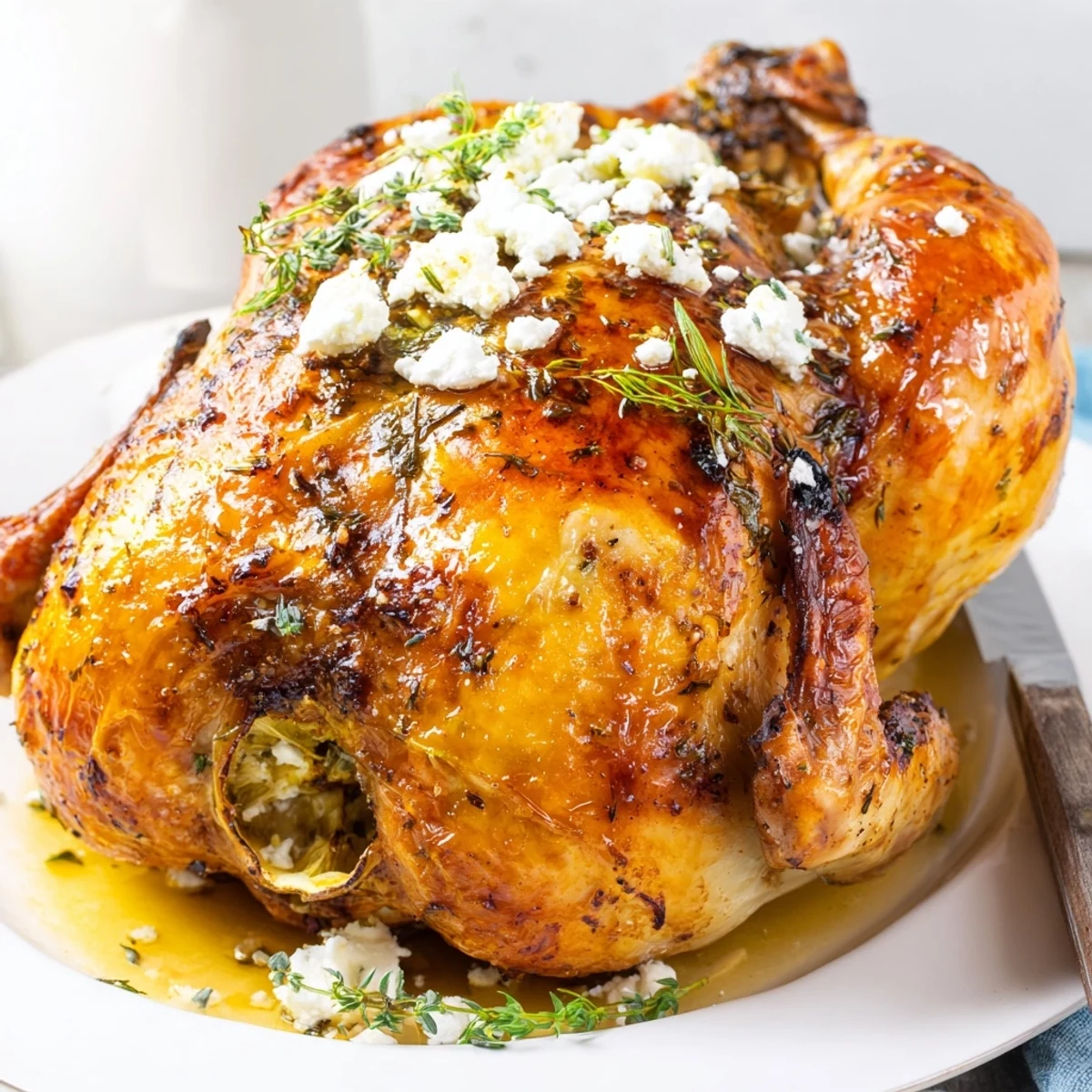 Golden-brown roasted chicken with herb-rubbed skin sits beside buttery pot potatoes, crumbled feta, and fresh dill on a rustic platter.  