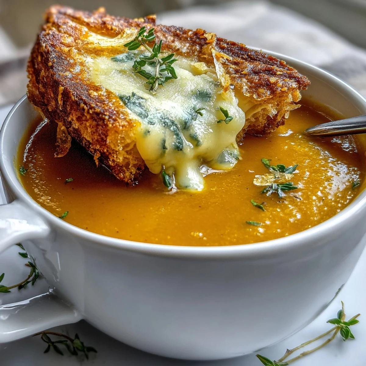 Creamy Broccoli and Butternut Squash Soup with Pastries served hot in a rustic bowl with a golden, flaky cheese pastry on the side.