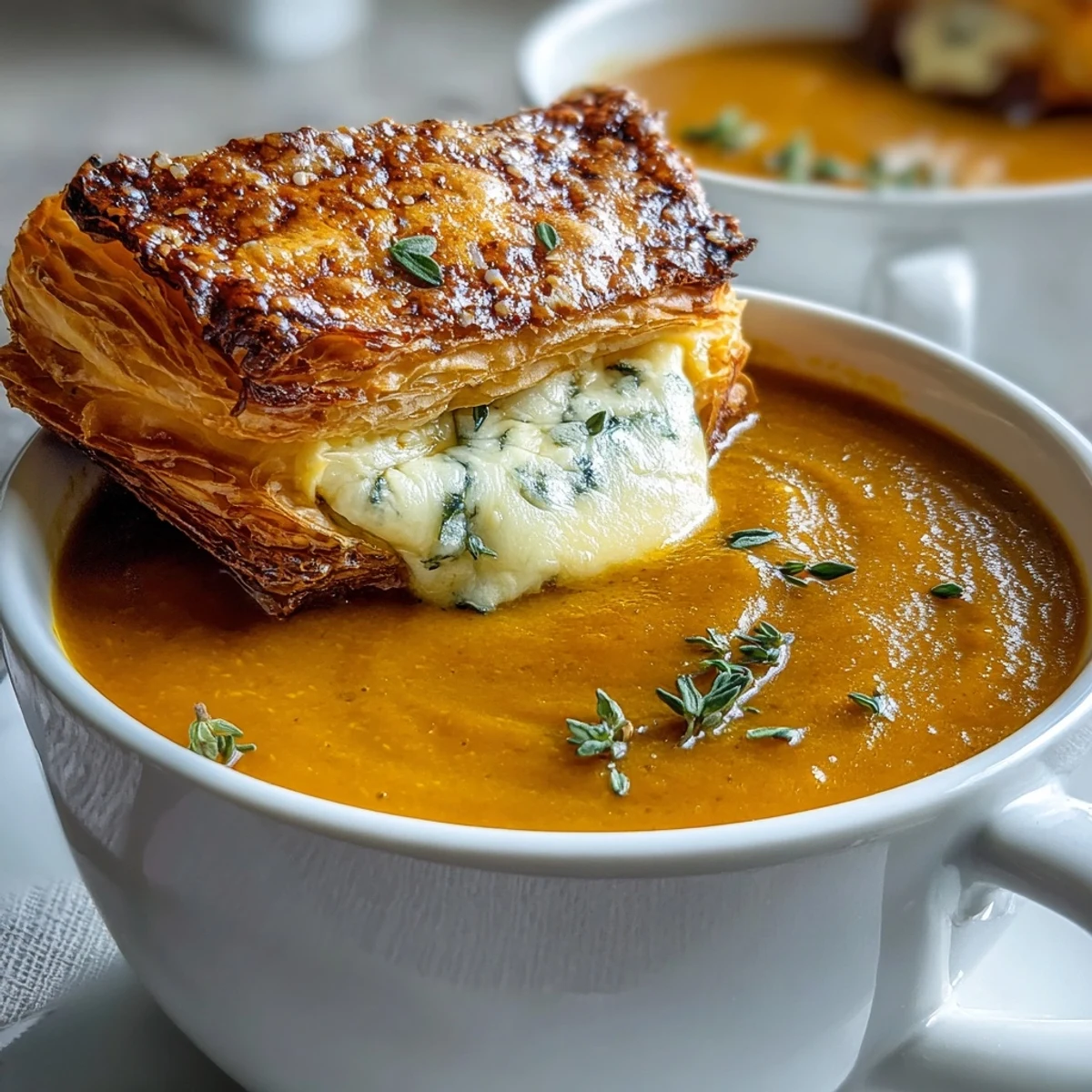 Rich Creamy Broccoli and Butternut Squash Soup with Pastries garnished with thyme and pepper, ready to serve with crusty bread for dinner.