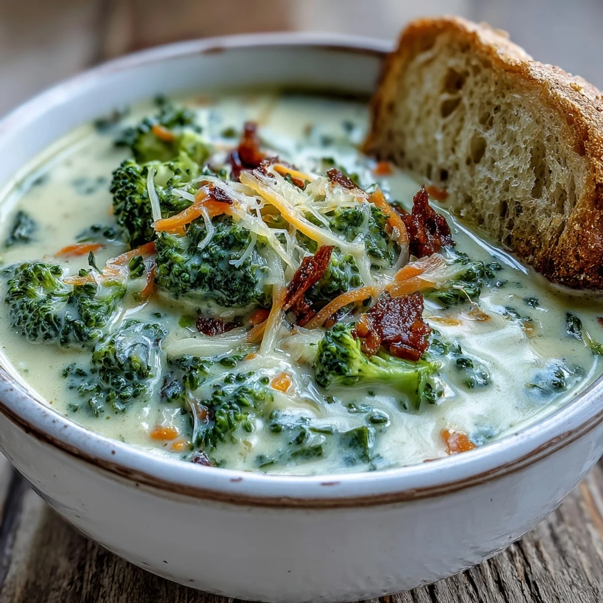 Creamy homemade Broccoli Cheddar Soup in a white bowl with crusty bread.