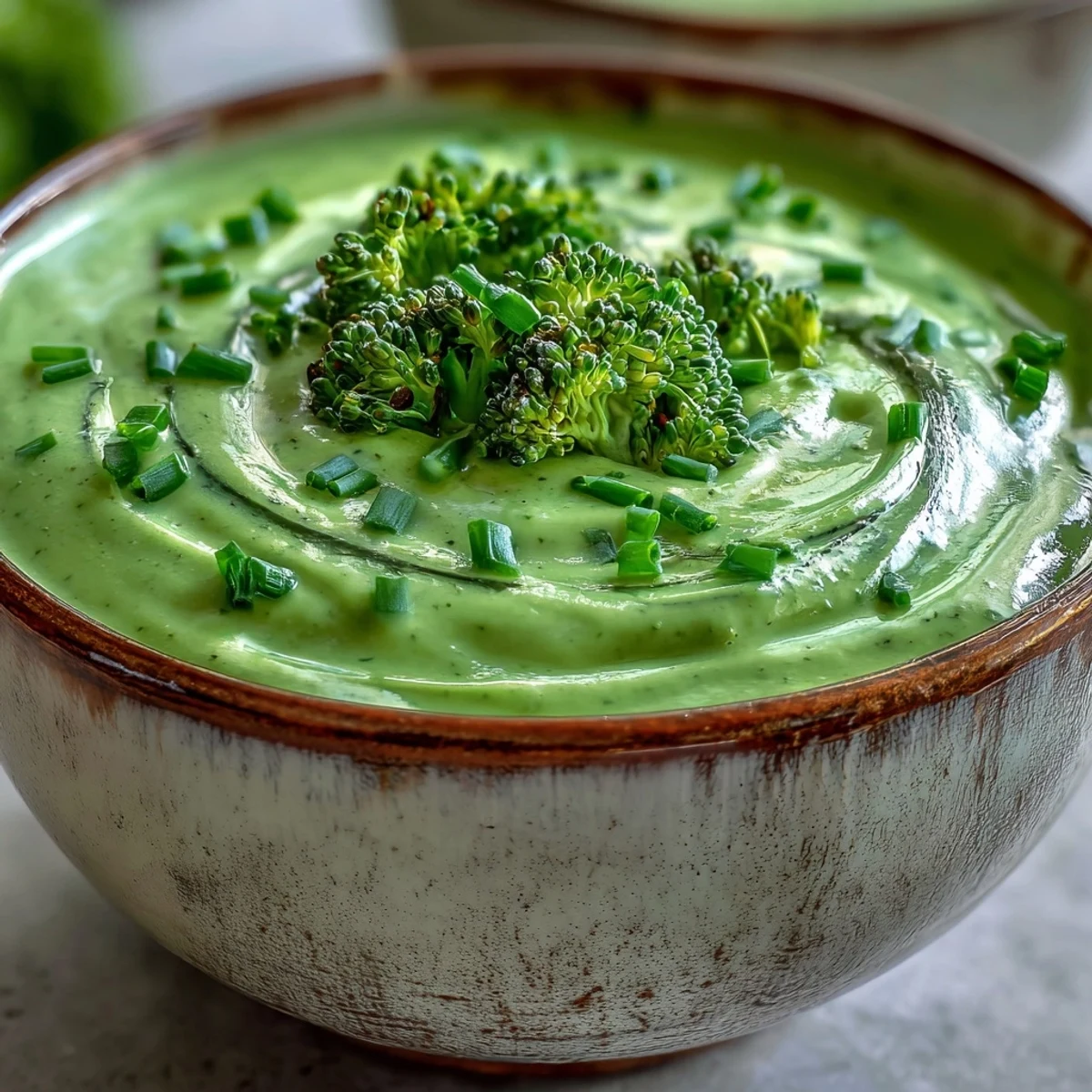 Cream of Broccoli Soup served hot in a rustic bowl, garnished with fresh chives and croutons.