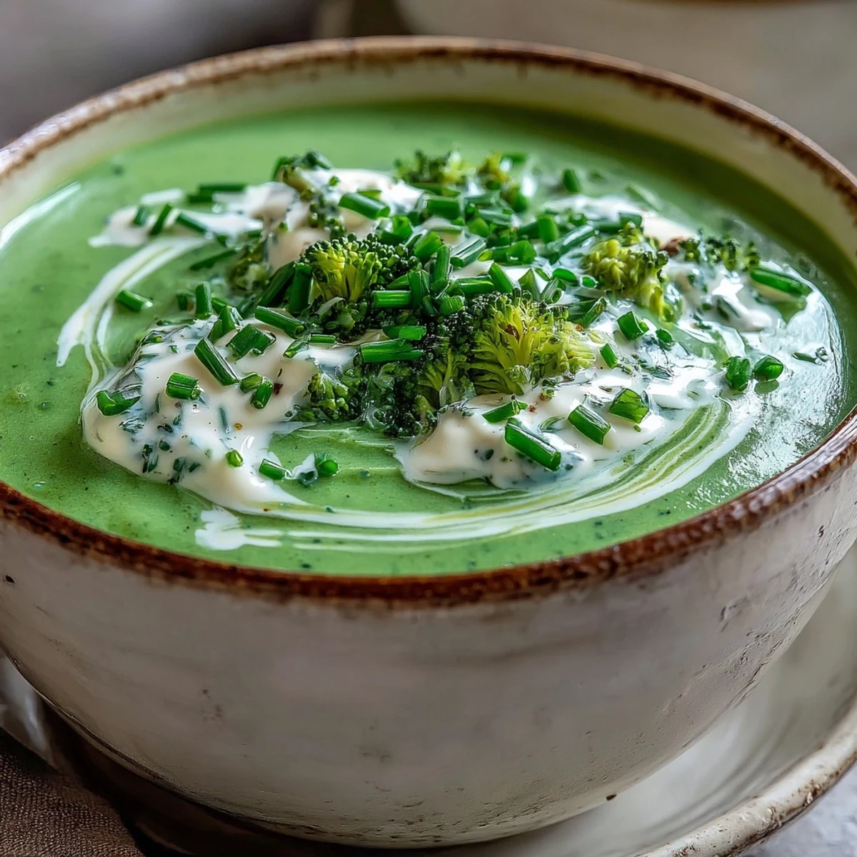 Cream of Broccoli Soup blended velvety smooth, steaming in a white bowl with a cream swirl.