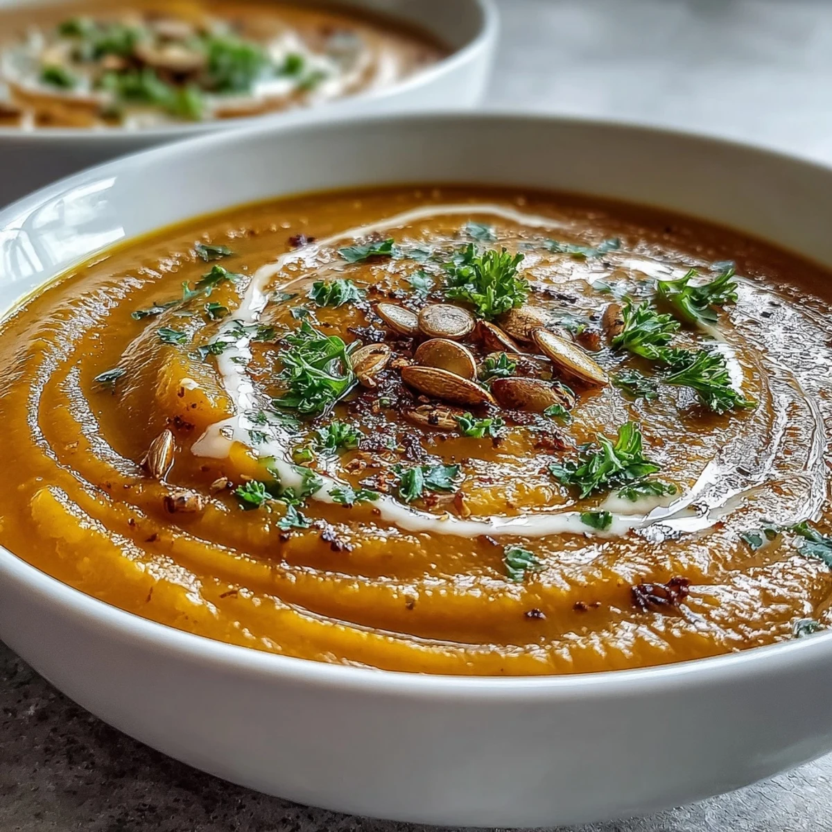 Healthy vegetarian roasted broccoli and butternut squash soup topped with toasted pumpkin seeds, ready to enjoy.