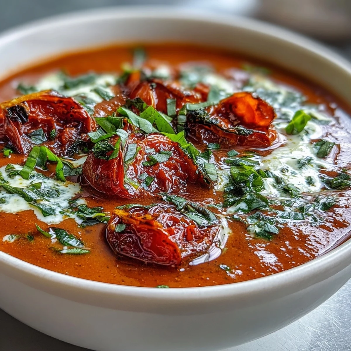 A bowl of homemade Roasted Tomato Basil Soup with a swirl of cream and fresh basil garnish.