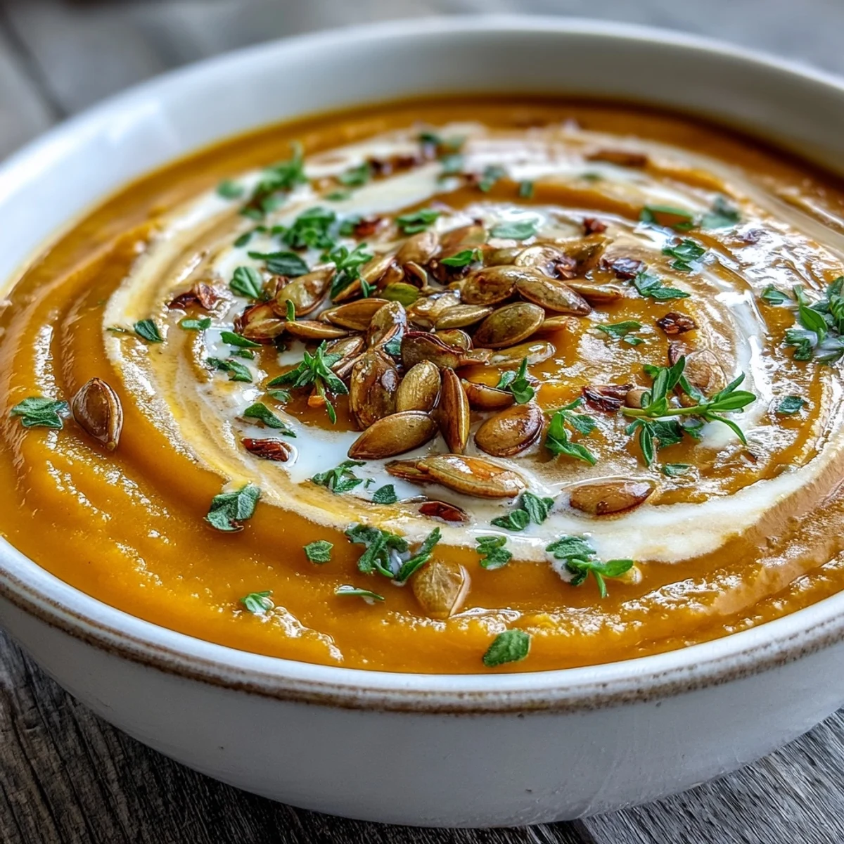 Golden-orange Easy Roasted Butternut Squash Soup with a creamy swirl, served in a rustic bowl.