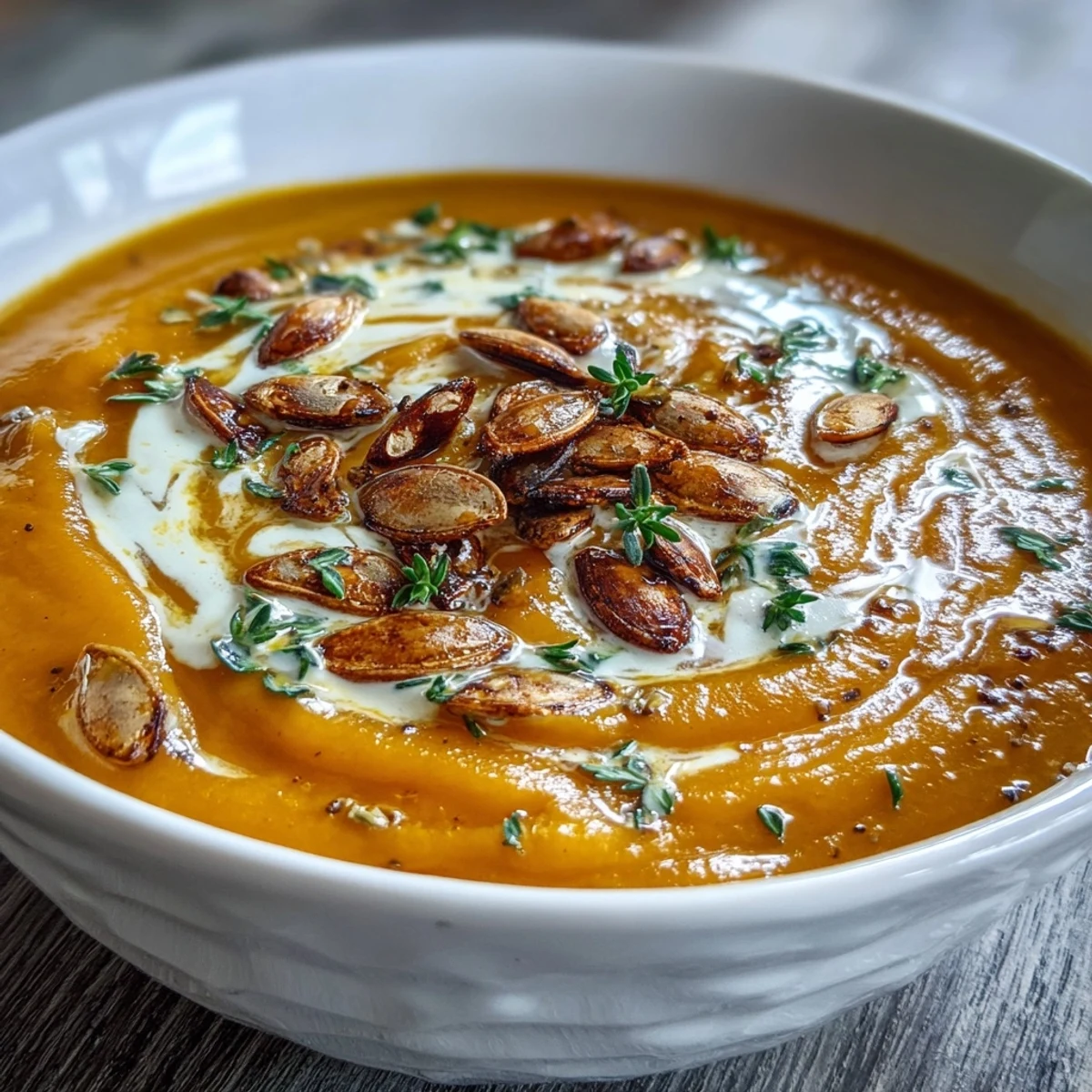 Velvety Easy Roasted Butternut Squash Soup in a white bowl, garnished with a drizzle of cream.