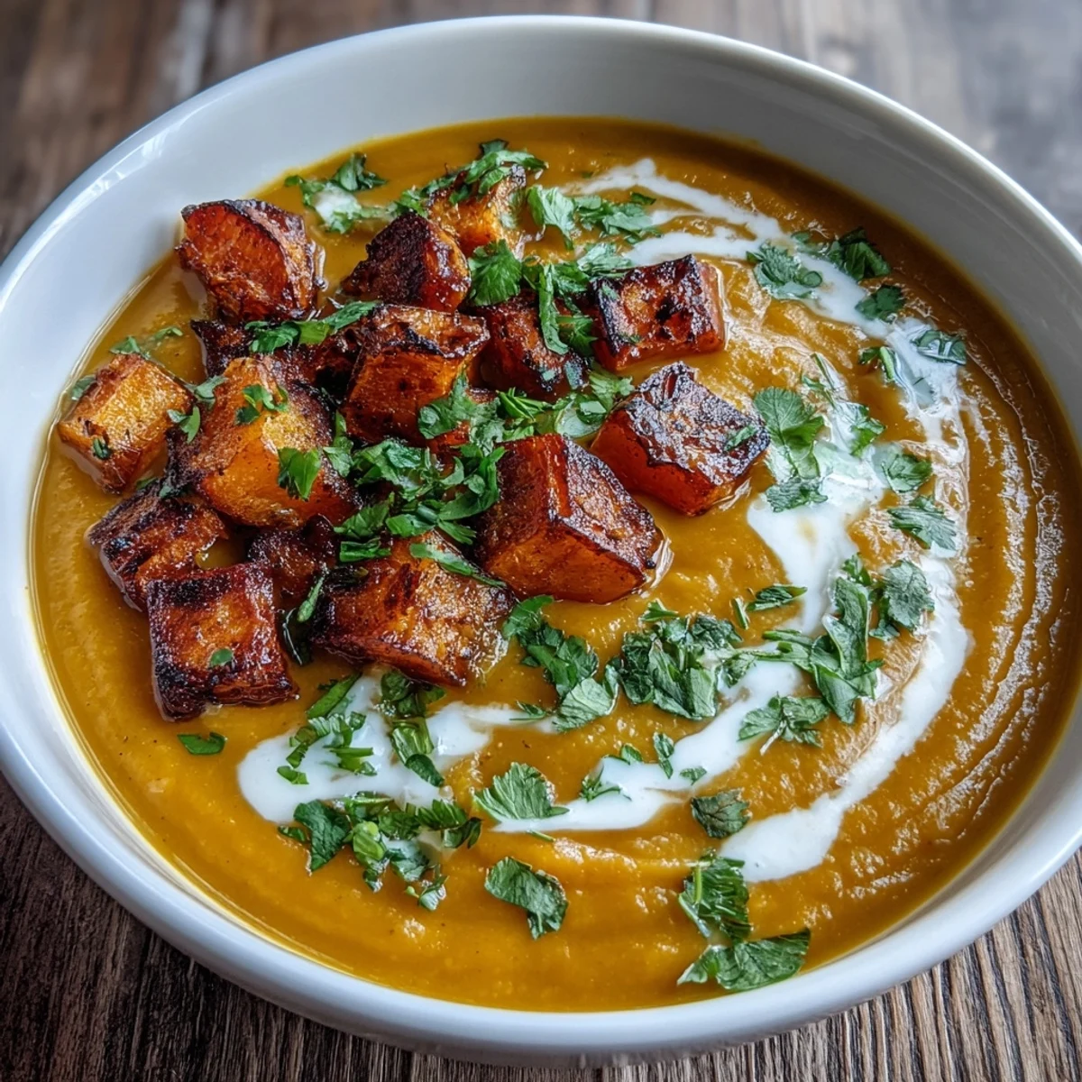 Close-up of roasted butternut squash and red lentils in Butternut Squash and Lentil Soup, simmering with warm cumin and paprika.