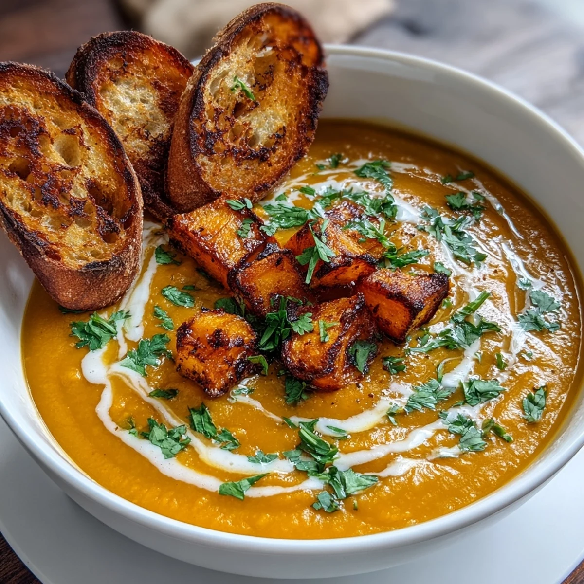 Vibrant ladle of golden Butternut Squash and Lentil Soup served in a rustic bowl, ideal for vegan gluten-free meals.