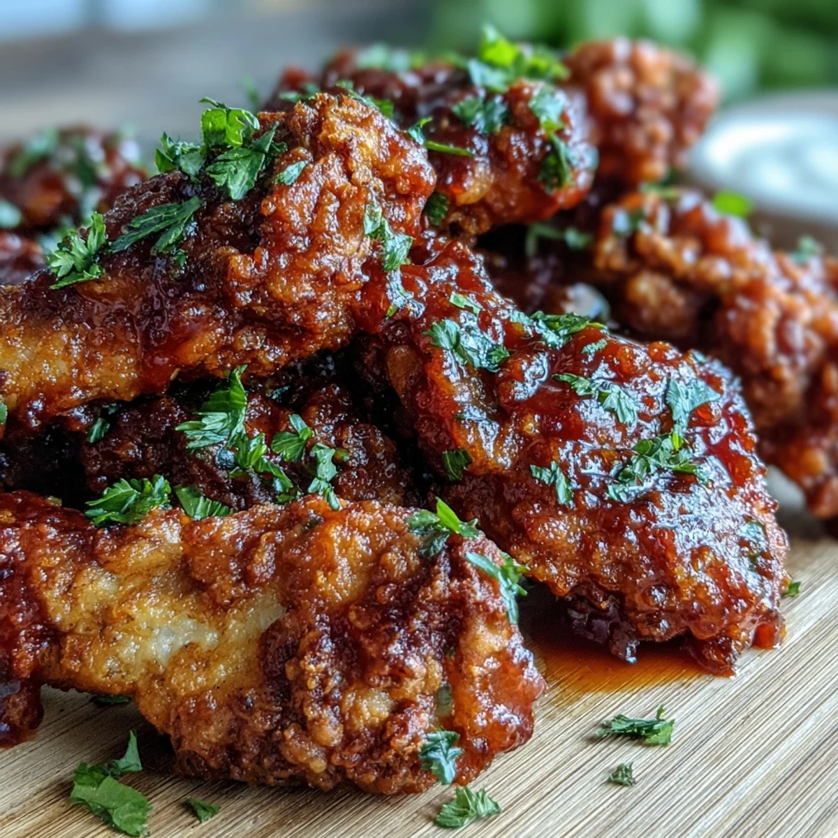 Fried Chicken Wings drizzled with Thai sweet chili sauce, garnished with fresh scallions on a rustic plate.