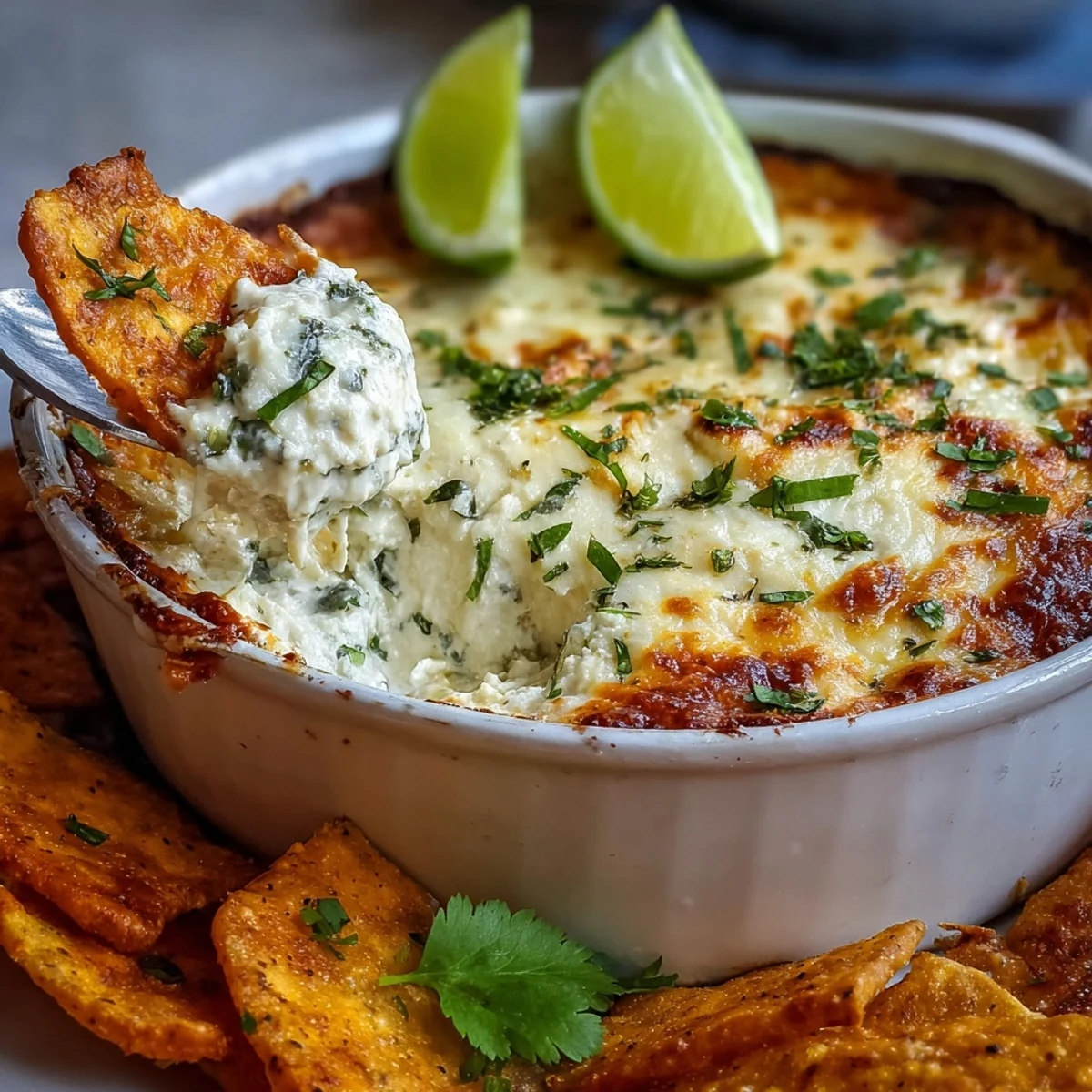 Cheesy, creamy Cilantro and Lime Chicken With Scoops served warm in a baking dish.