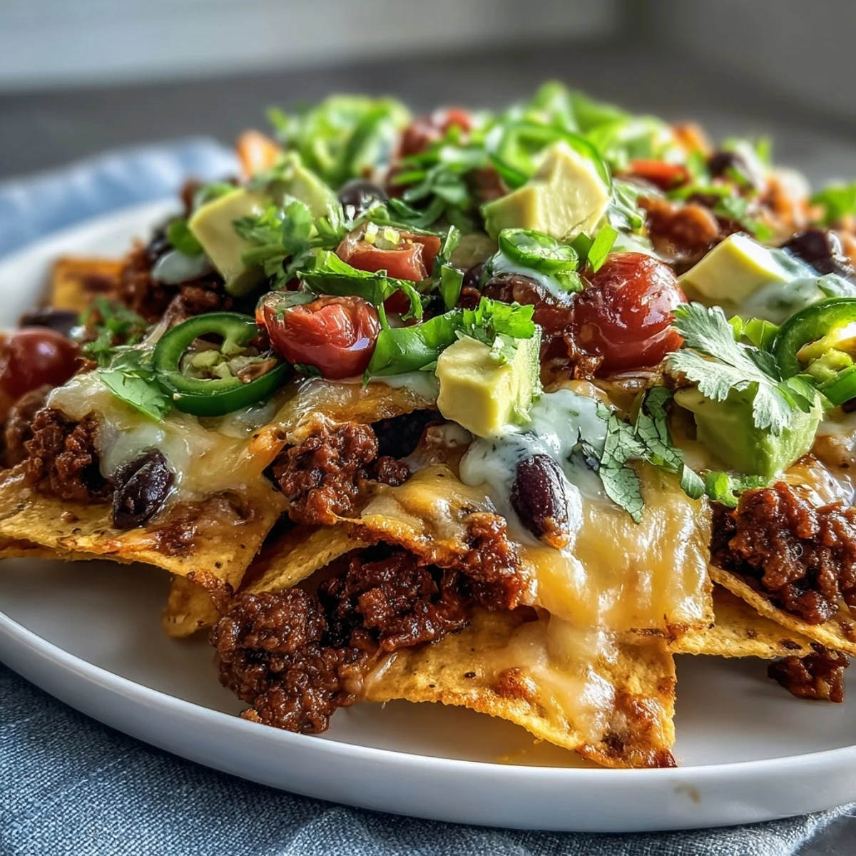 Golden Baked Nachos loaded with ground beef, melty cheese, diced avocado, sour cream, and salsa for a festive Tex-Mex appetizer.