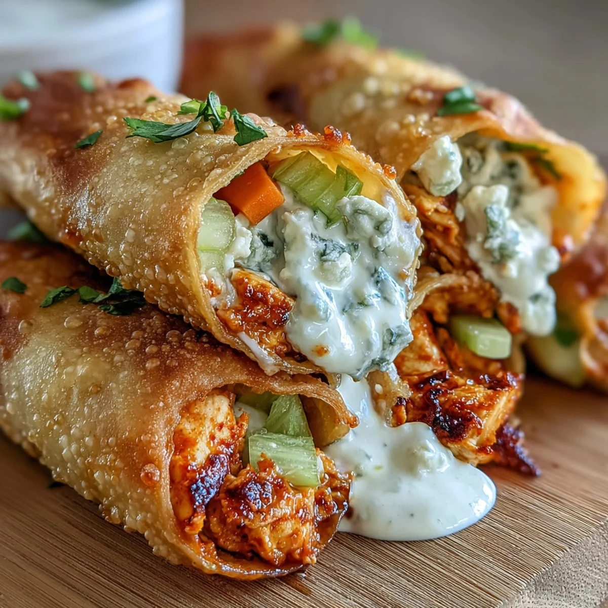 Spicy Buffalo Chicken Egg rolls are arranged on a white plate with a small bowl of ranch dip and celery.