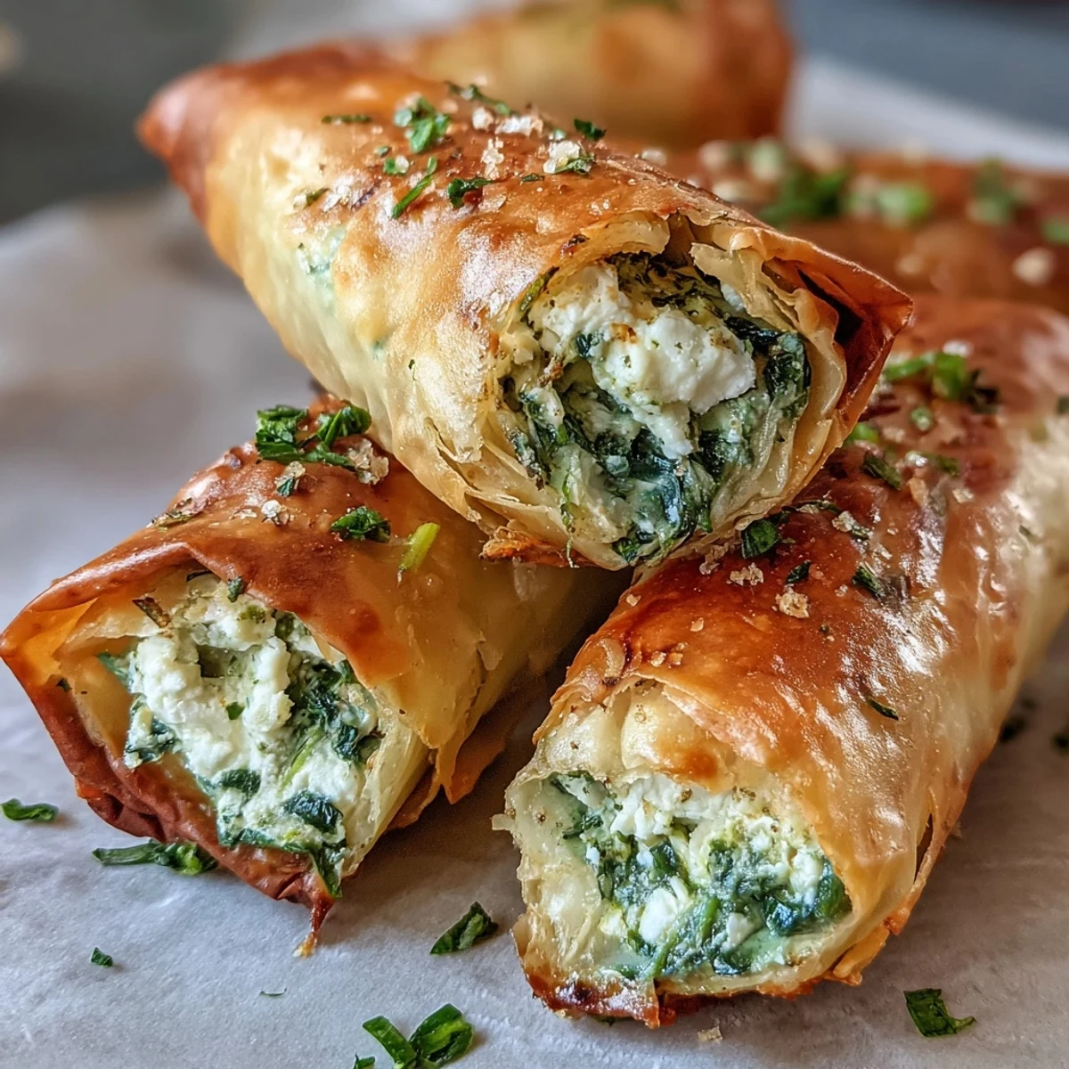 Golden-brown Spanakopita Spring Rolls sit on a plate with a creamy yogurt-dill dip and lemon wedges.