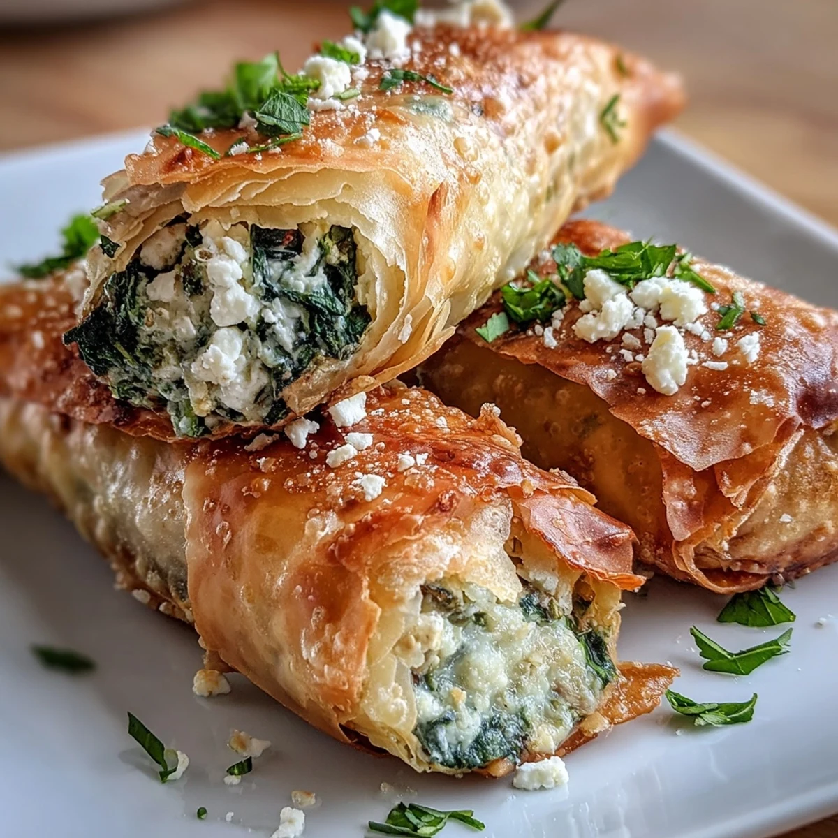 Crispy fried Spanakopita Spring Rolls stacked on a napkin-lined basket with a side of tzatziki.
