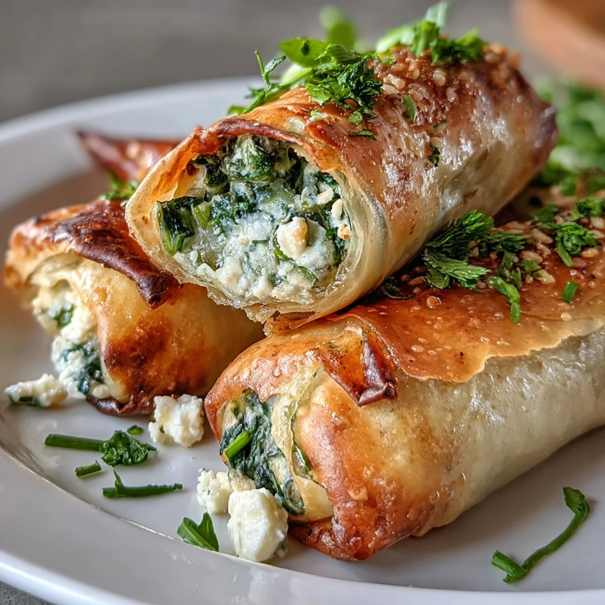 Freshly baked Spanakopita Spring Rolls resting on a white platter with a sprig of dill garnish.