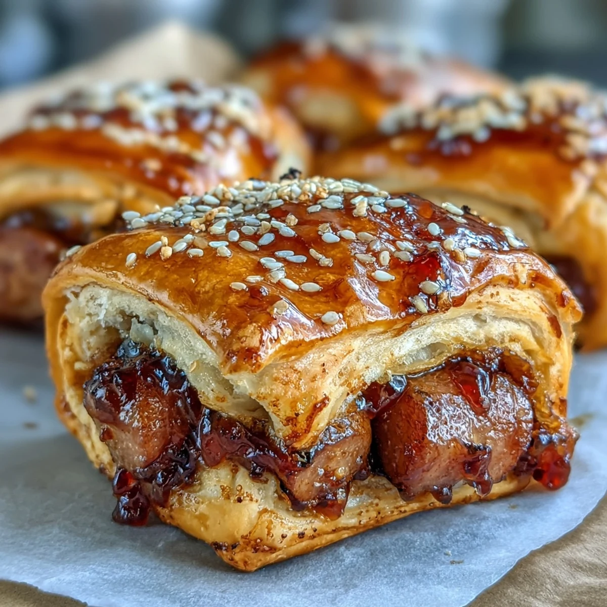 Golden-brown Pepper Jelly Hogs in a Blanket arranged on a rustic wooden serving board with fresh chives.