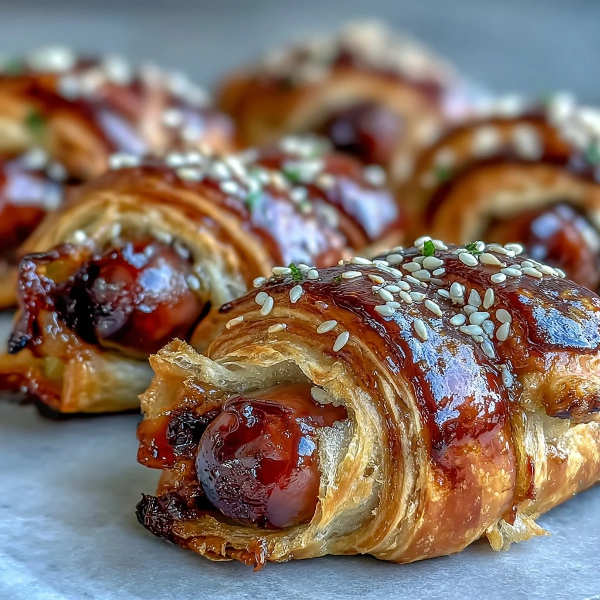 A close-up of flaky puff pastry wrapped around juicy sausages, topped with shiny red pepper jelly glaze.