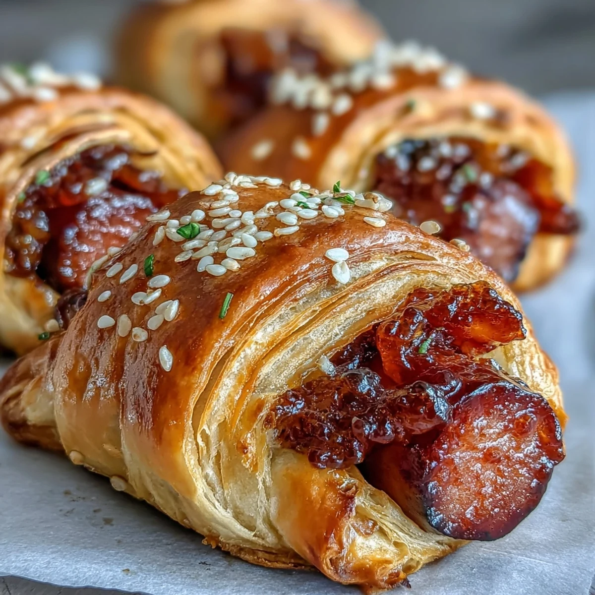 Freshly baked Pepper Jelly Hogs in a Blanket served warm with a side of spicy mustard dipping sauce.
