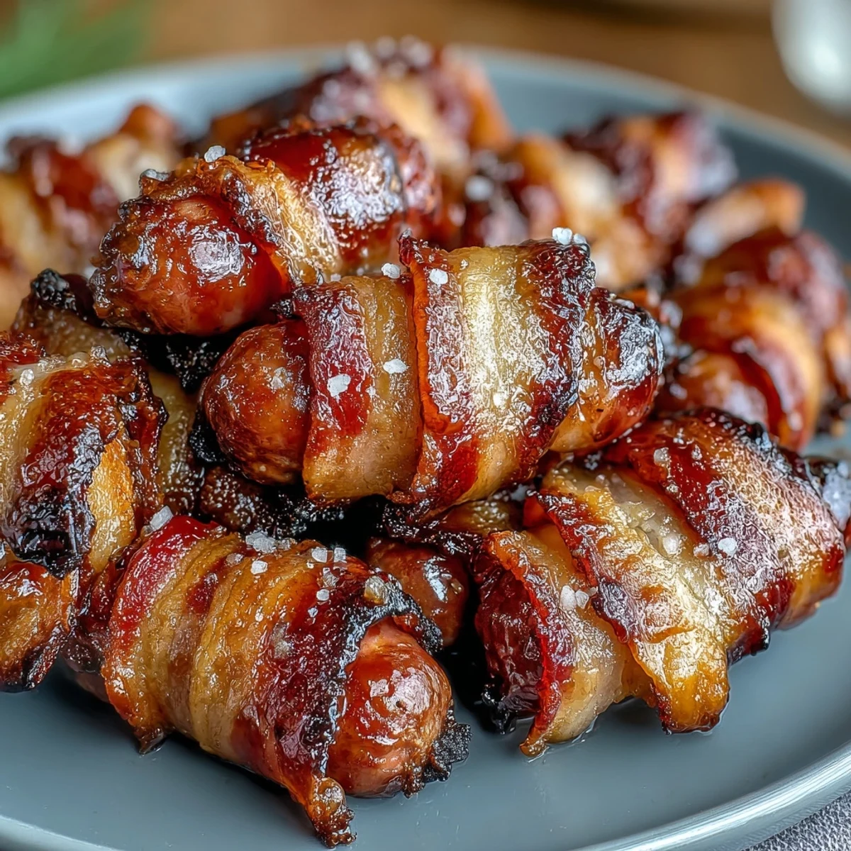 Golden, crispy Bacon-Wrapped Smokies fresh from the oven, glistening with a sweet brown sugar glaze. 