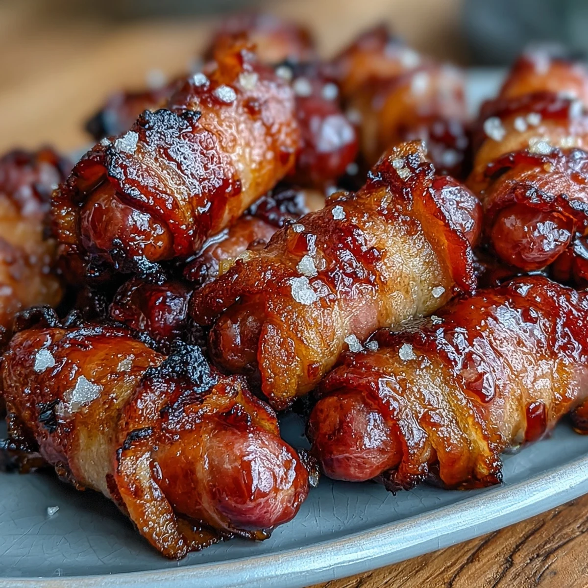 Toothpick-ready Bacon-Wrapped Smokies appetizers, featuring smoky sausages tightly wrapped in crunchy, caramelized bacon strips. 