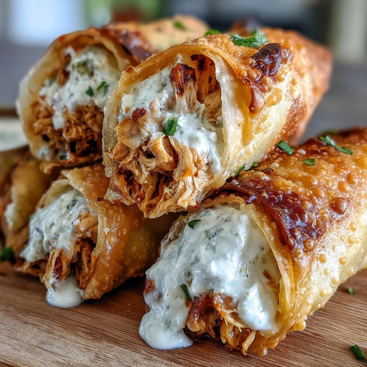 Golden brown Mini Chicken Chimis with Jalapeño Cream Cheese sit on a platter beside a small bowl of green enchilada sauce.