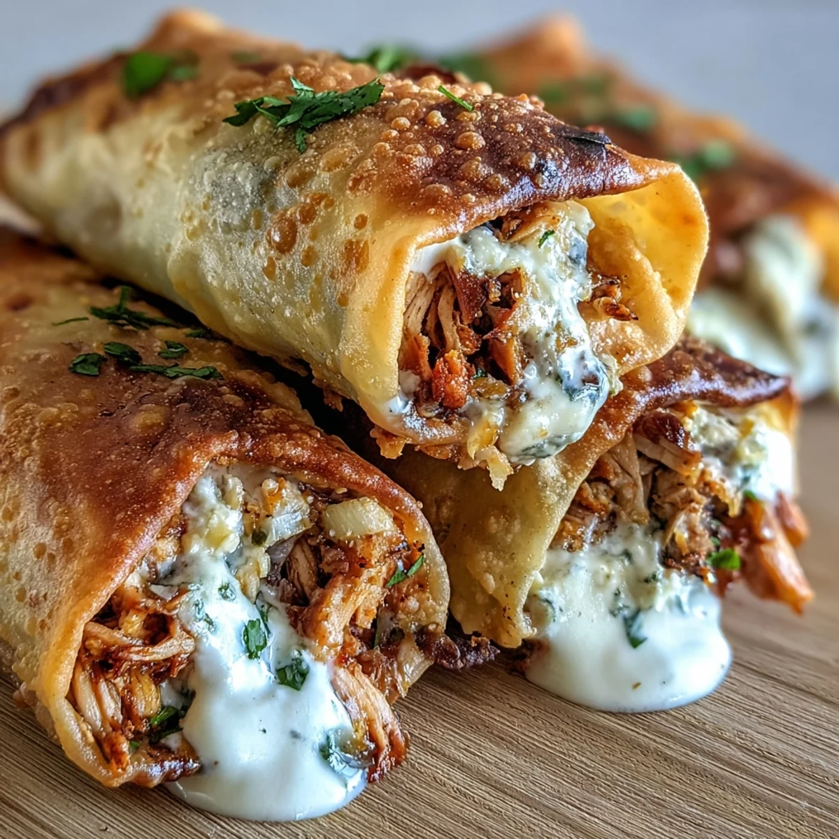 Four Mini Chicken Chimis with Jalapeño Cream Cheese are arranged on a serving board, garnished with fresh cilantro and lime wedges.