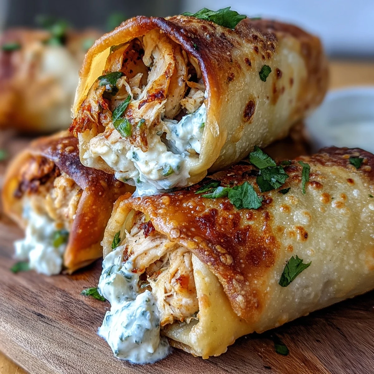 A hand dips a Mini Chicken Chimis with Jalapeño Cream Cheese into creamy green enchilada sauce, steam rising from the crispy shell.