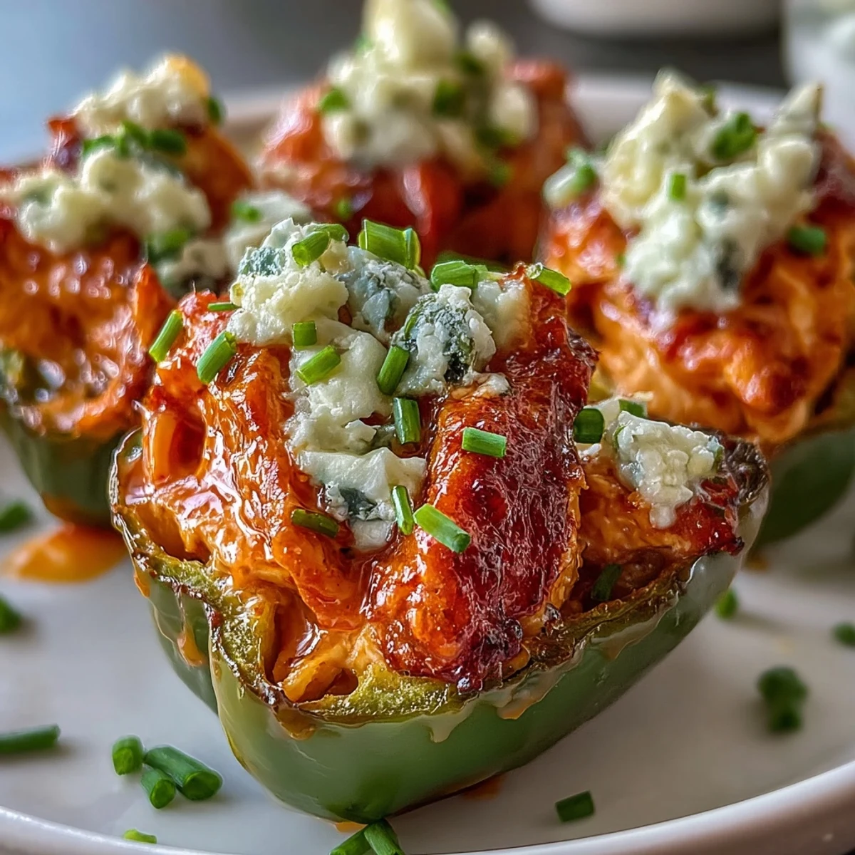 Stuffed jalapeño halves with creamy chicken and blue cheese, drizzled in buffalo sauce.