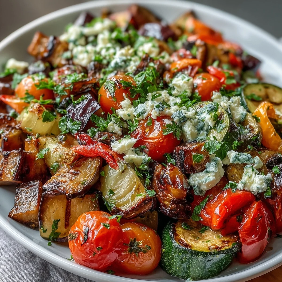 Golden roasted Mediterranean Greek vegetables with eggplant, zucchini, and peppers on a baking sheet.