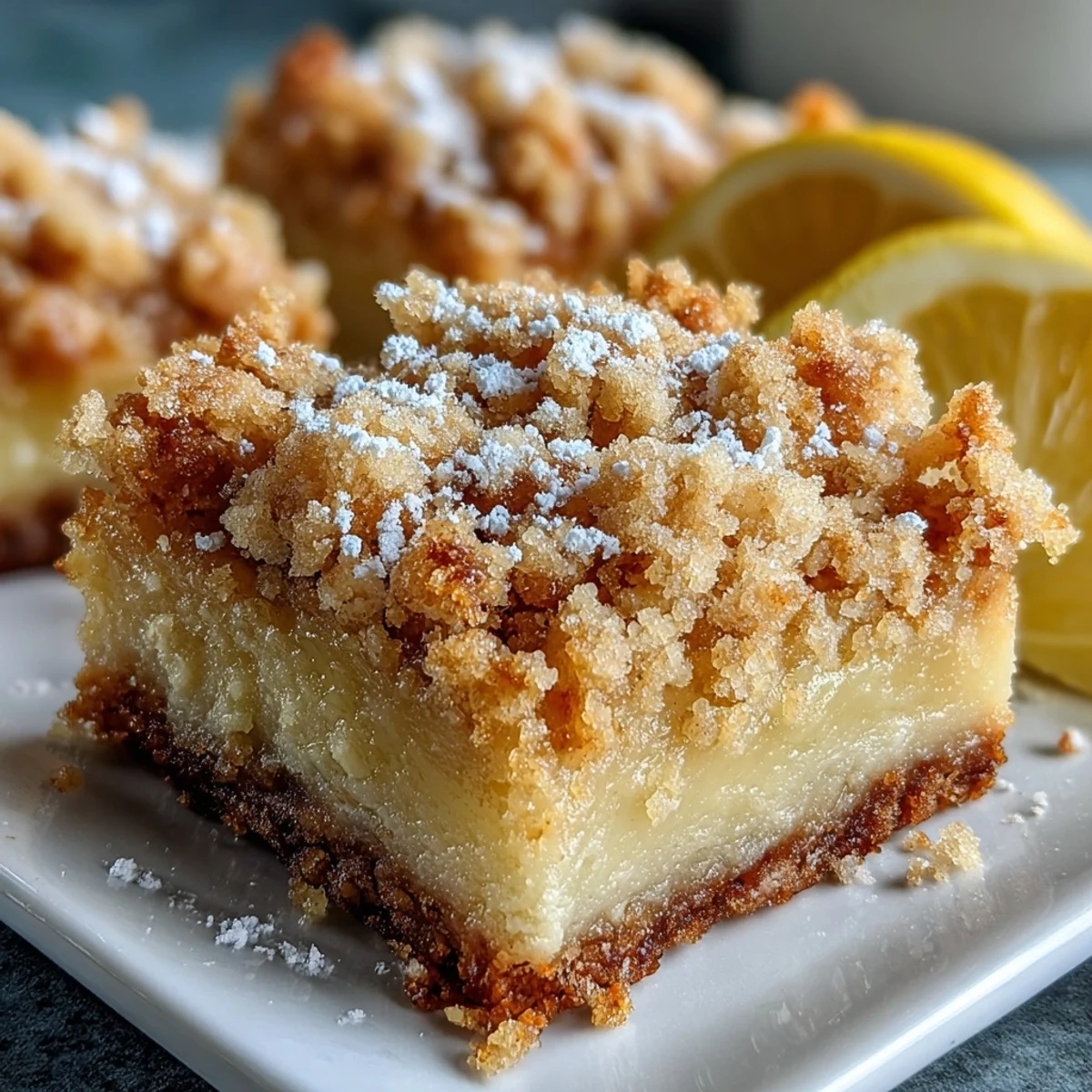A slice of zesty Homemade Lemon Crumb Bars reveals a soft, tangy lemon filling and a perfectly crumbly oat-like crust, ready to eat.