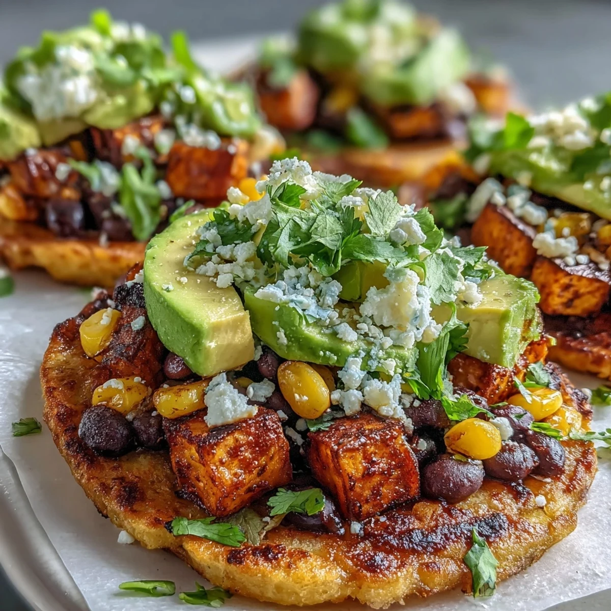 Crispy tostada shells are layered with smoky, caramelized Black Bean and Sweet Potato Tostadas and creamy avocado slices.