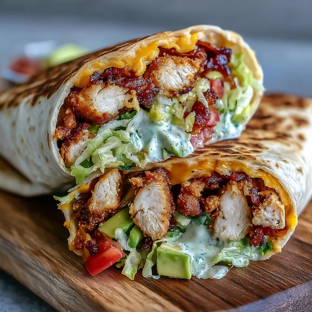 Golden-seared Crispy Chicken Bacon Wrap stuffed with bacon, cheddar, and fresh lettuce.